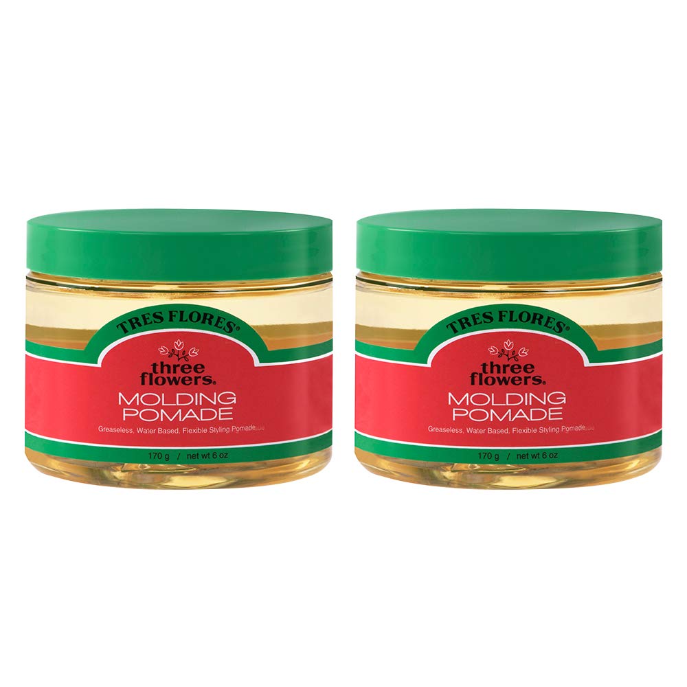 Three Flowers Molding Pomade bottle shows flexible hold for all-day styling.