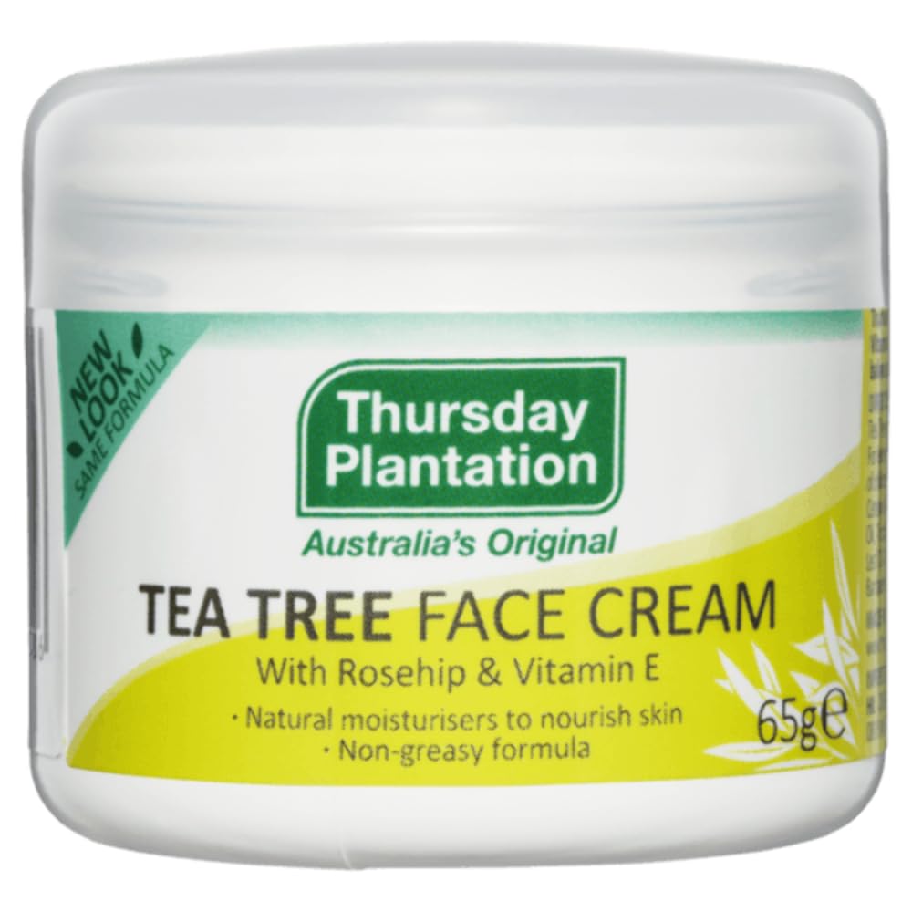 Thursday Plantation Tea Tree Face Cream ingredients close-up with rosehip and vitamin E.
