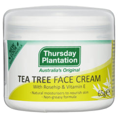 Thursday Plantation Tea Tree Face Cream ingredients close-up with rosehip and vitamin E.