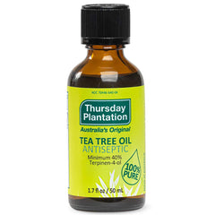 Thursday Plantation Tea Tree Oil bottle showing 100% pure Australian essential oil for skin care.