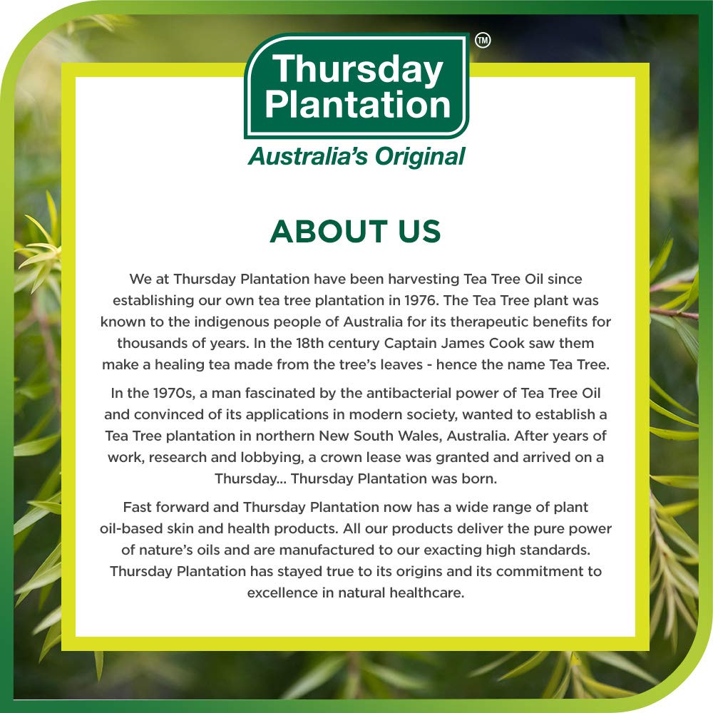 Thursday Plantation Tea Tree Oil packaging shows travel-friendly bottle.