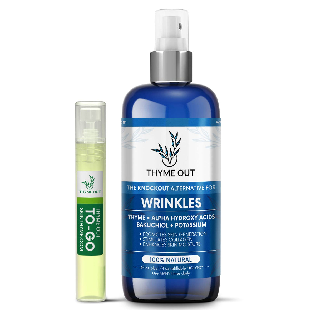 Thyme Out anti-wrinkle spray bottle front showcasing daily hydration potential.