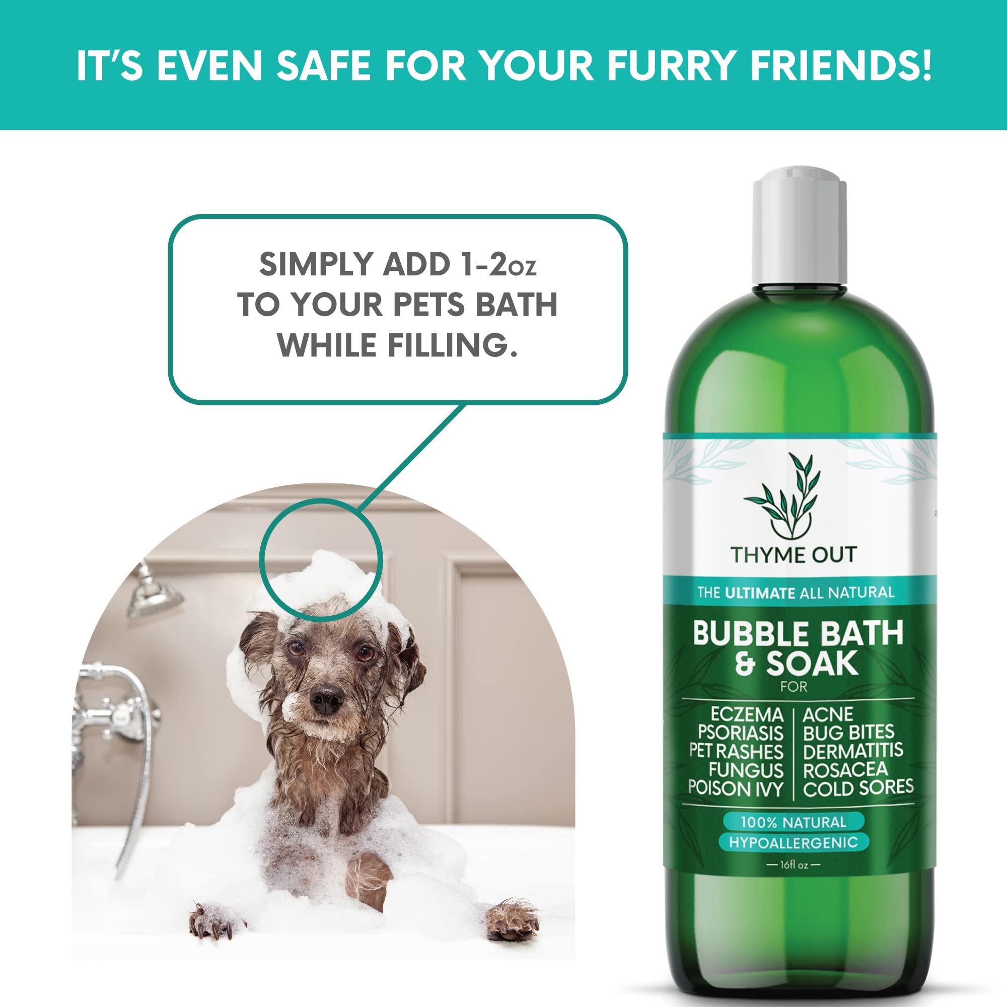 Thyme Out bubble bath 16 oz packaging designed for long-lasting use.