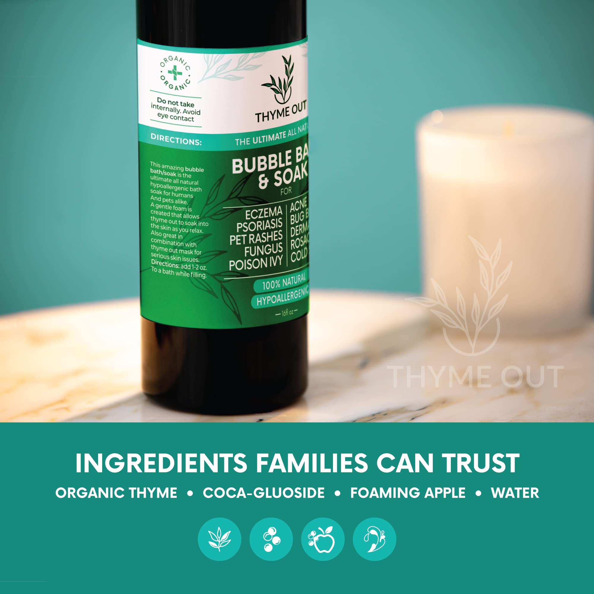 Thyme Out bubble bath with colloidal oatmeal offers gentle moisture in your bath.