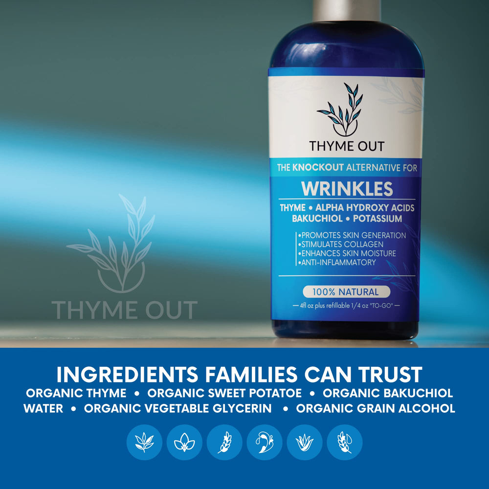 Thyme Out forest botanicals concept with product highlighting natural benefits.