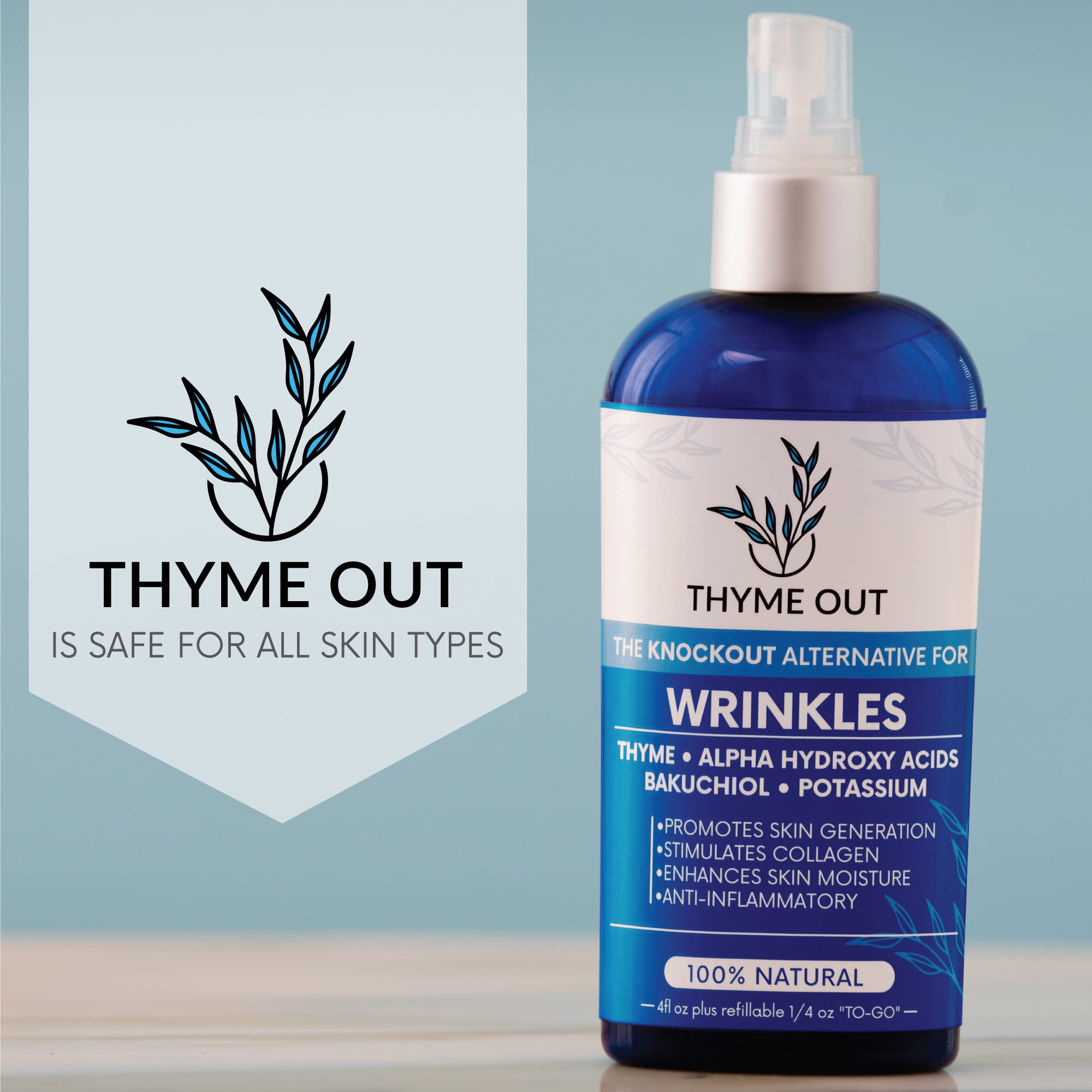 Thyme Out packaging box on countertop emphasizing clean, natural formula.