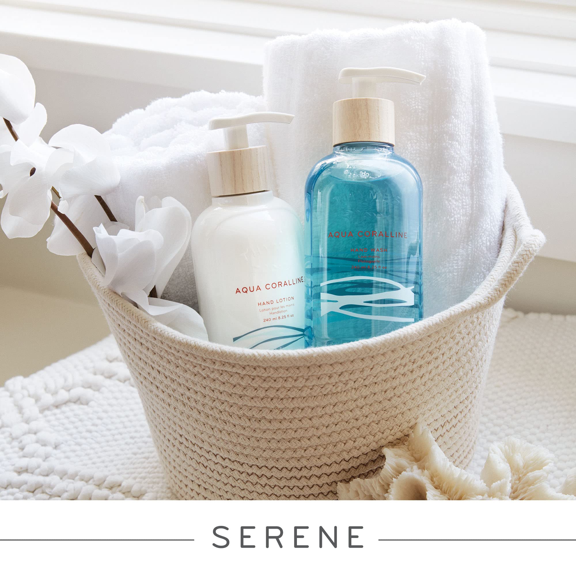 Thymes Aqua Coralline packaging on display emphasizes premium, gift-ready appeal.