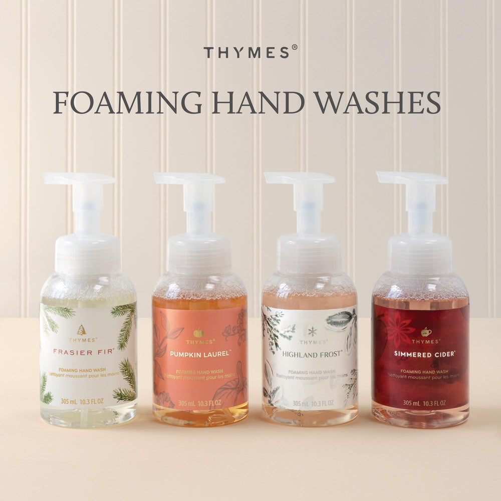Thymes bathroom vanity with fall decor and Pumpkin Laurel hand wash.