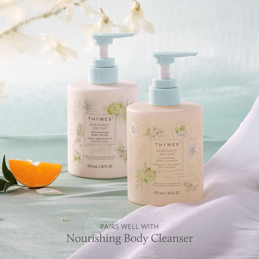 Thymes Bergamot Nectar Lotion for daily use shown with smooth skin result.