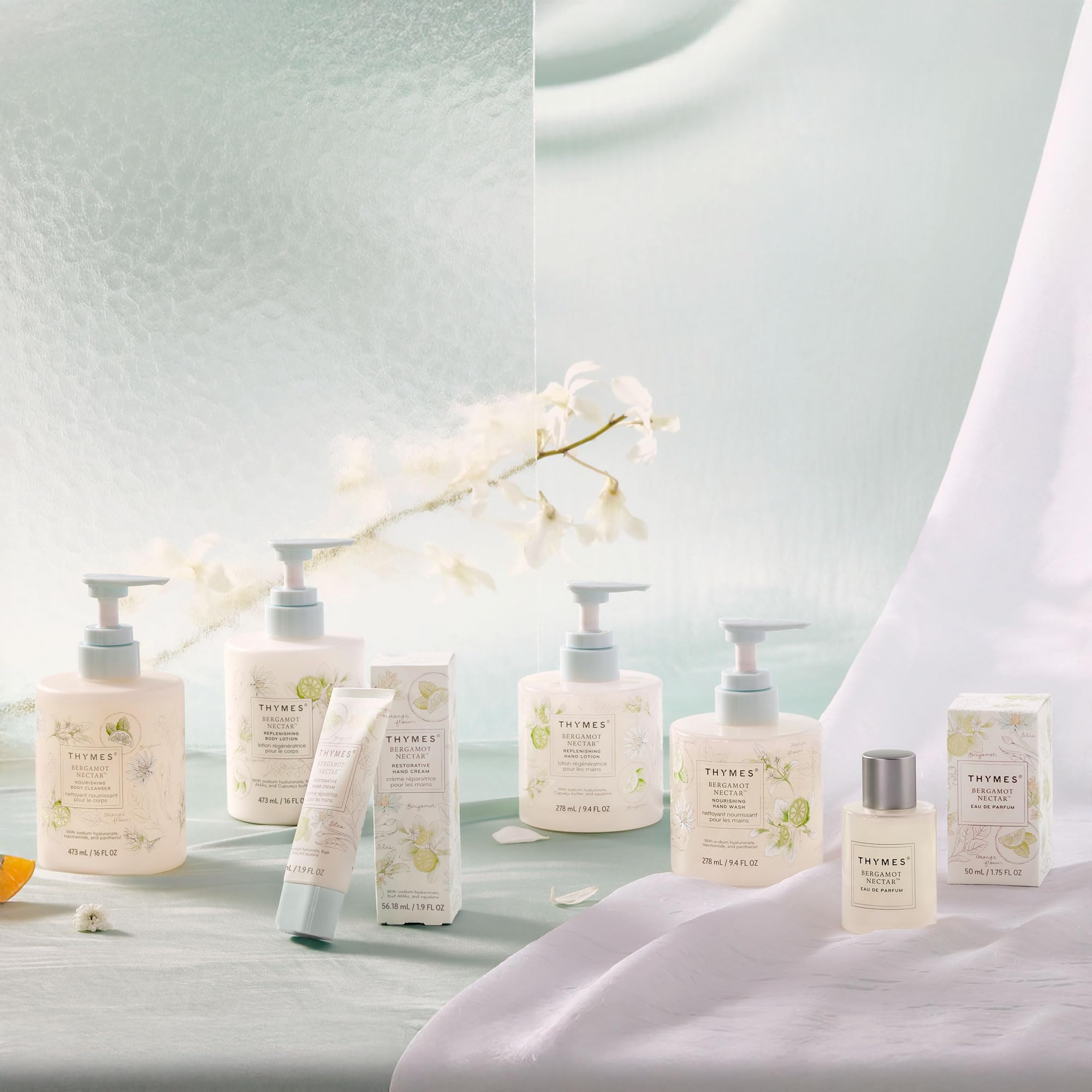 Thymes Bergamot Nectar Lotion pump-dispense demonstrates hygienic, mess-free application.
