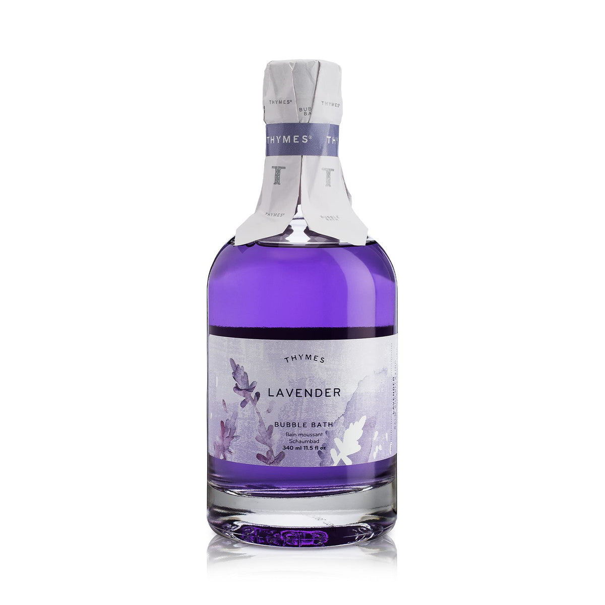 Thymes Bubble Bath Lavender bottle highlights soothing fragrance and moisturized skin.