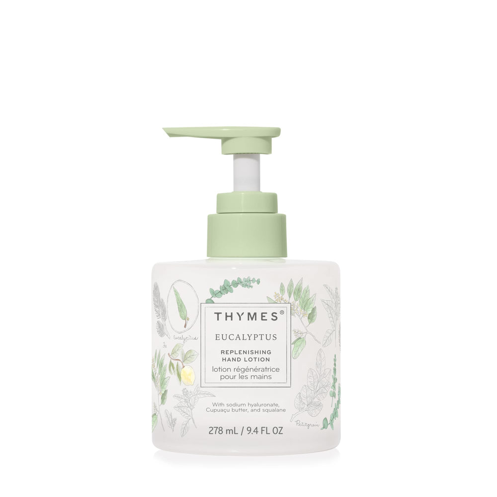 Thymes Eucalyptus Hand Lotion bottle highlights premium glass packaging for daily hydration