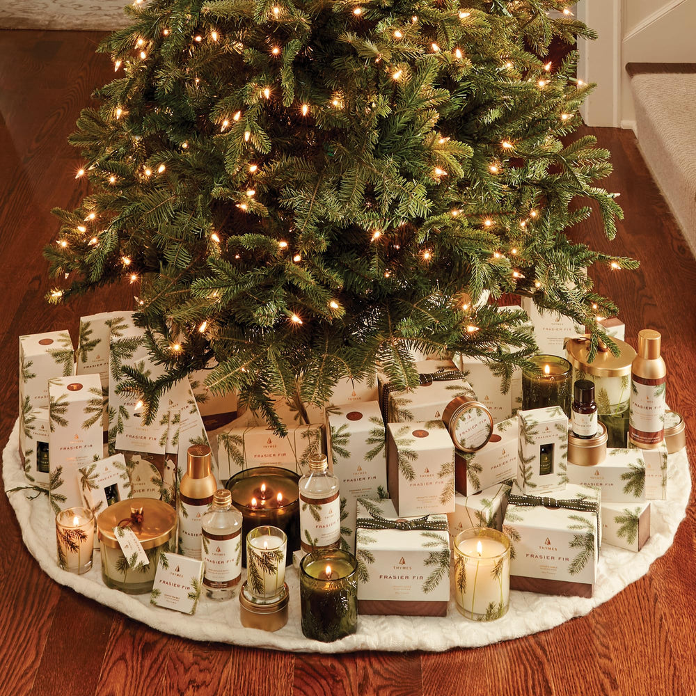 Thymes Frasier Fir bottle closeup shows premium packaging for gifting
