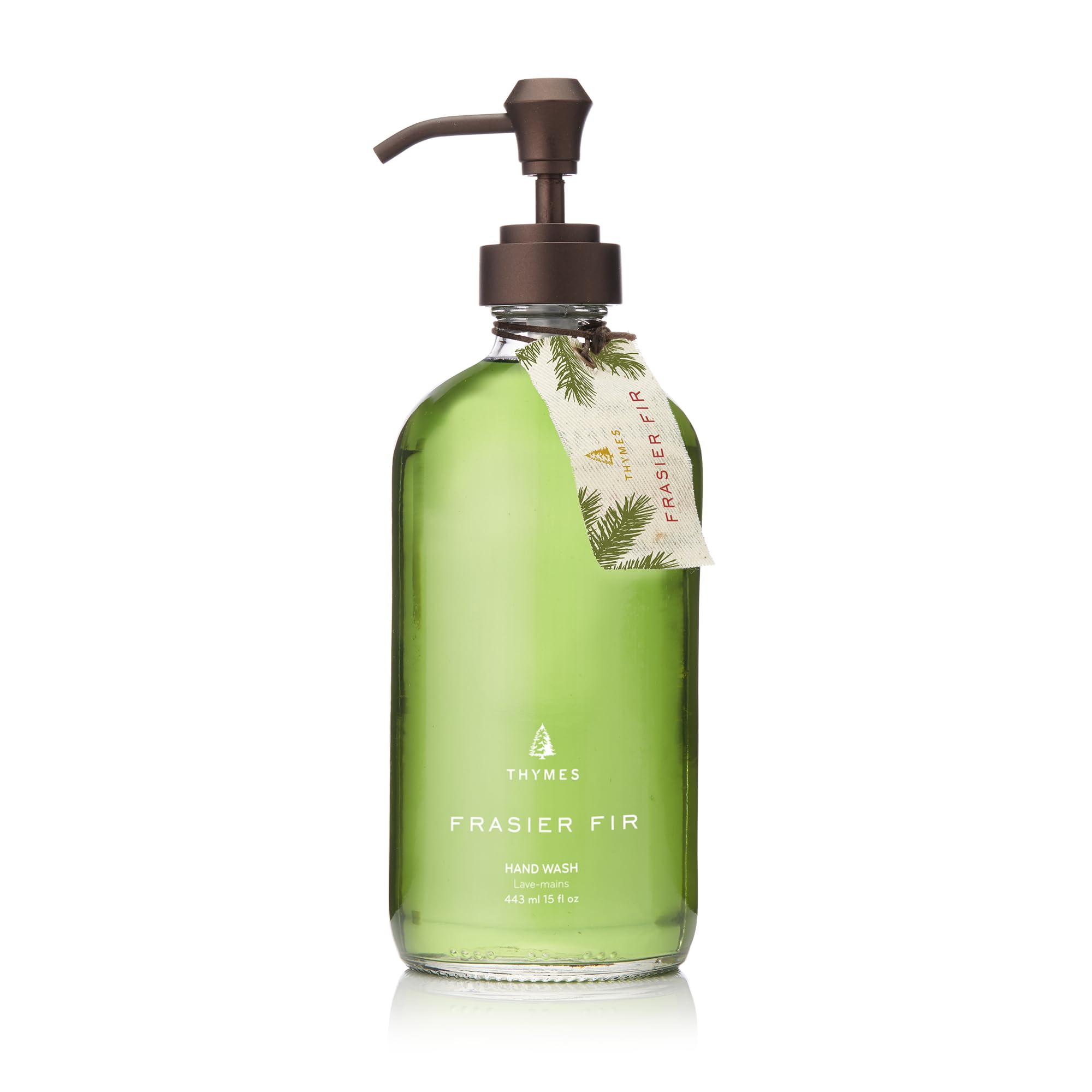 Thymes Frasier Fir hand wash bottle on sink for a refreshing cleanse