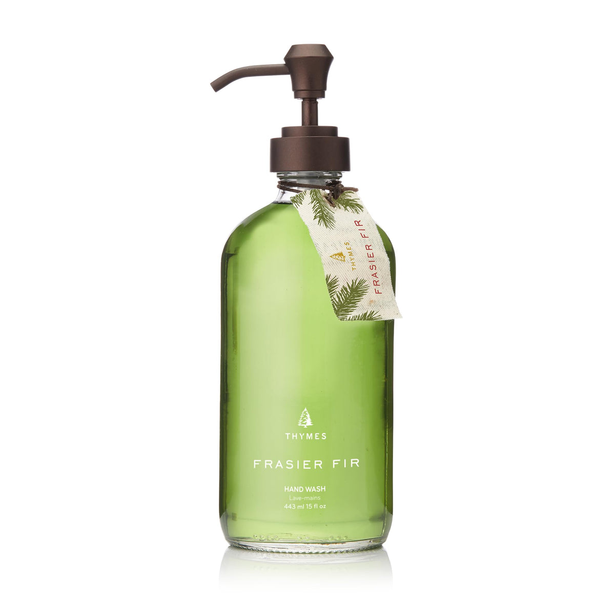 Thymes Frasier Fir hand wash bottle on sink for a refreshing cleanse