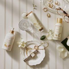 Thymes Goldleaf glass bottle detail conveys premium, long-lasting bathroom decor.