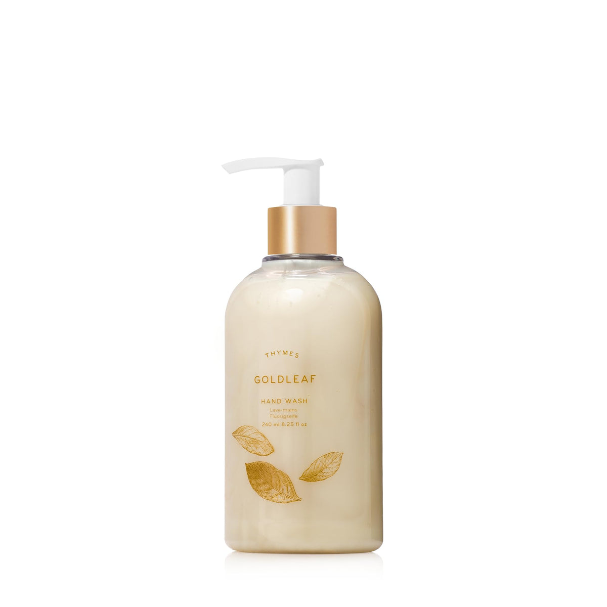 Thymes Goldleaf hand wash bottle with pump, delivering rich cleansing and hydration.
