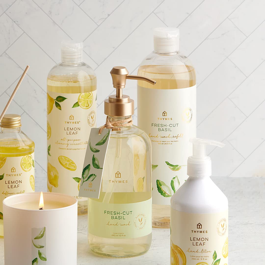 Thymes Hand Wash Refill label closeup showing Fresh-Cut Basil scent.
