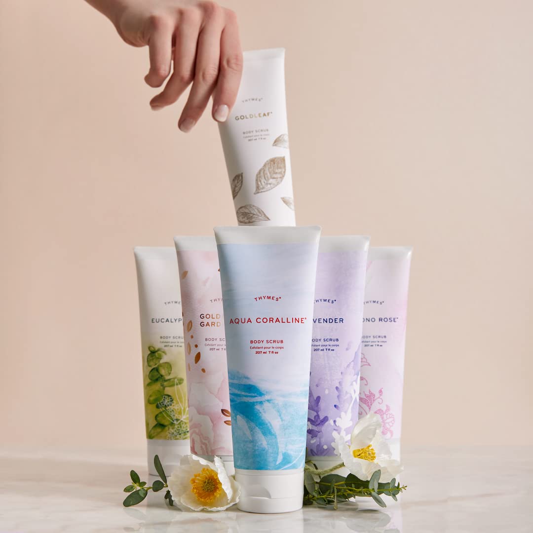 Thymes Kimono Rose Scrub applying on wet skin shows exfoliation in action.