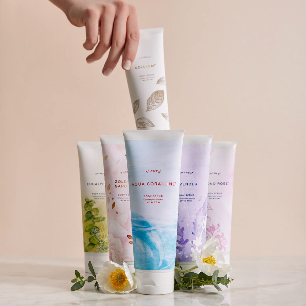 Thymes Kimono Rose Scrub applying on wet skin shows exfoliation in action.