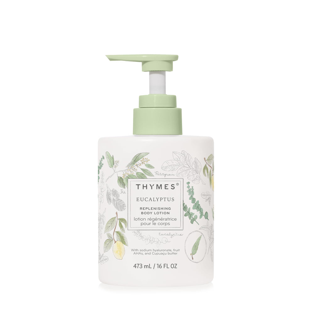 Thymes large replenishing body lotion bottle with pump for easy daily moisturizing.