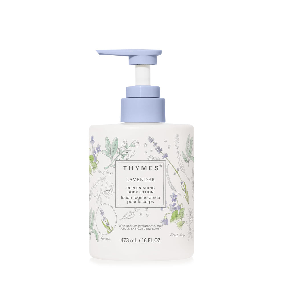 Thymes large replenishing lotion bottle with pump for easy daily moisturizing.
