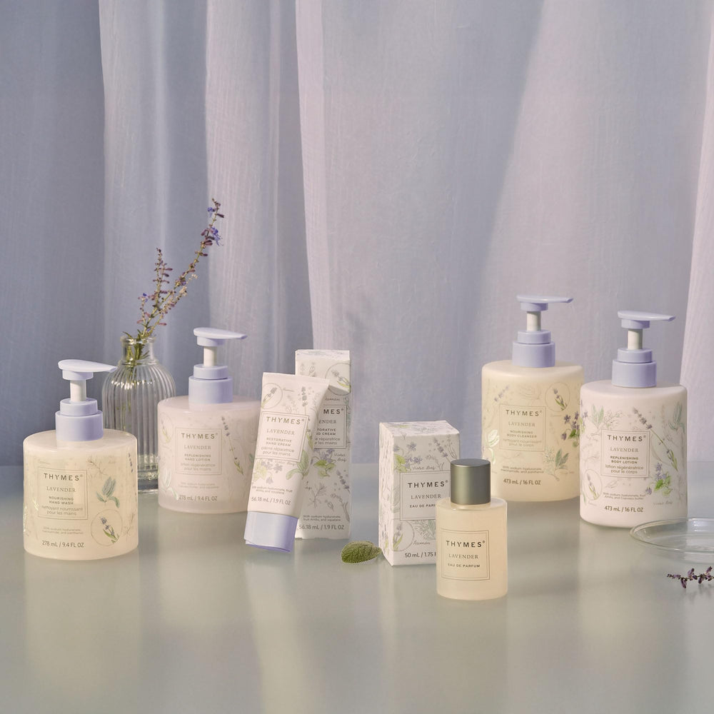 Thymes lavender collection promo image highlights versatile fragrance pairing.