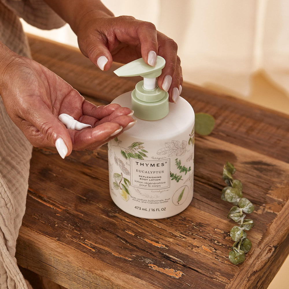 Thymes lotion pump in action for quick, mess-free application.