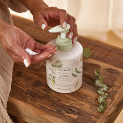 Thymes lotion pump in action for quick, mess-free application.