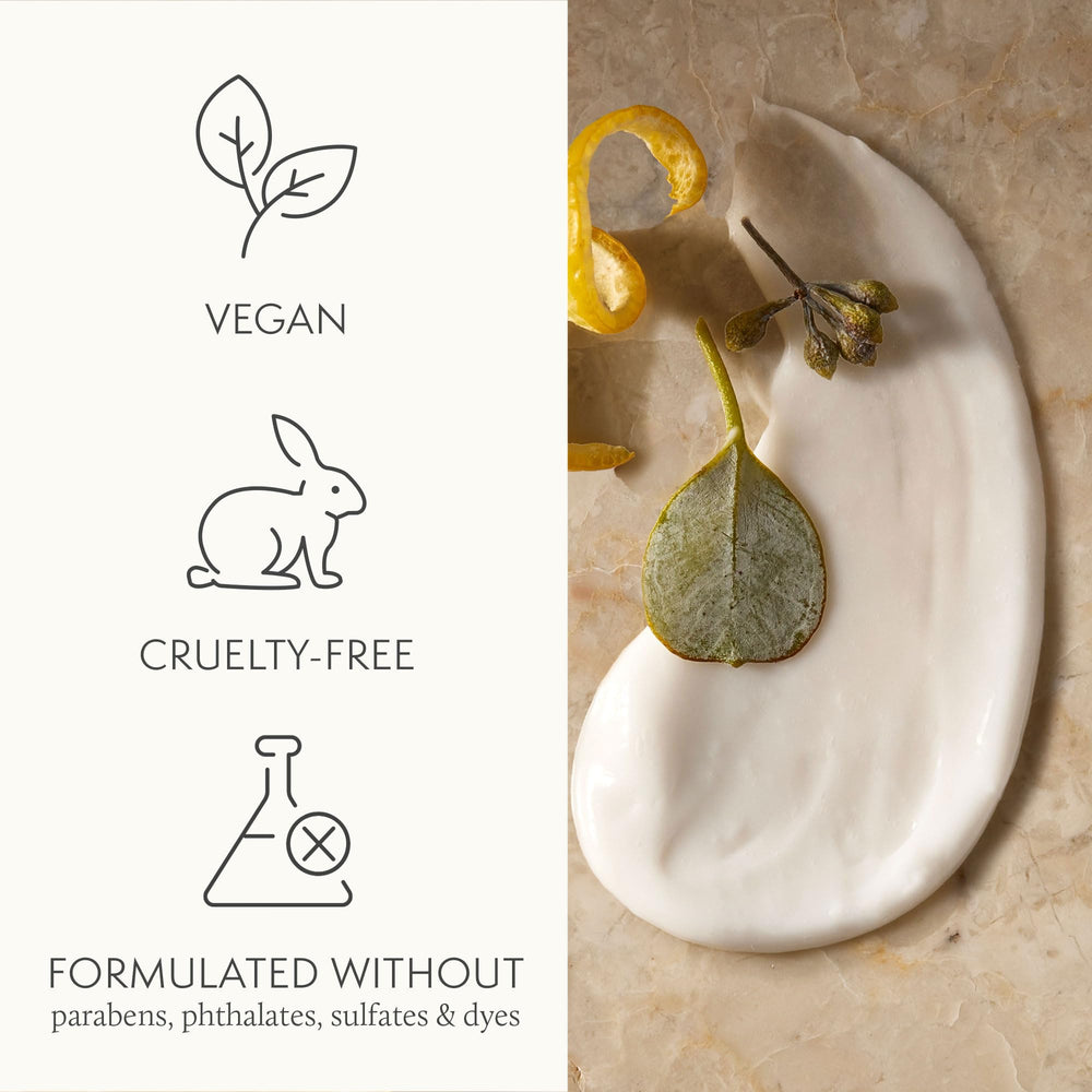 Thymes lotion texture close-up reveals creamy, rich consistency.