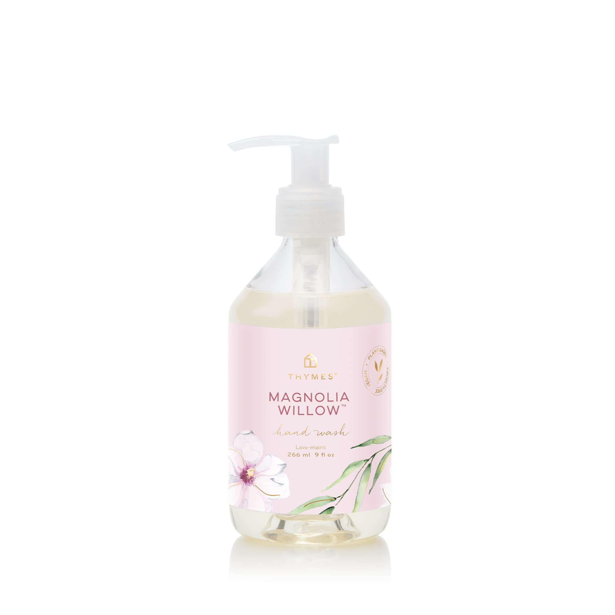Thymes Magnolia Willow Hand Wash bottle with pump provides a hydrating cleanse.
