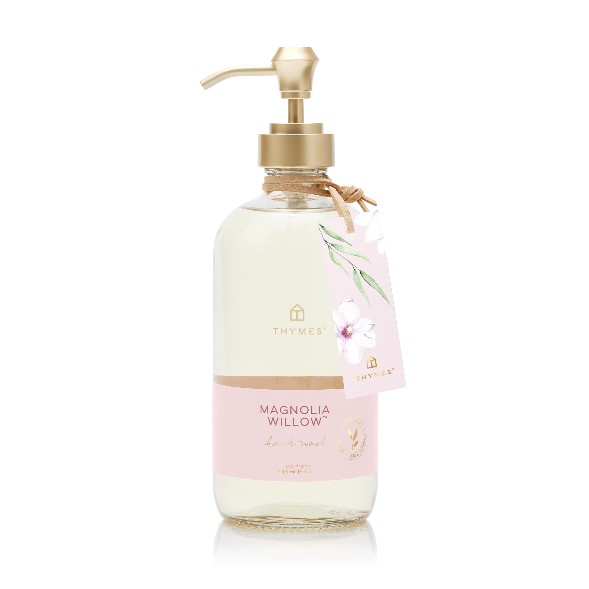 Thymes Magnolia Willow hand wash bottle with refreshing floral scent for daily cleansing.