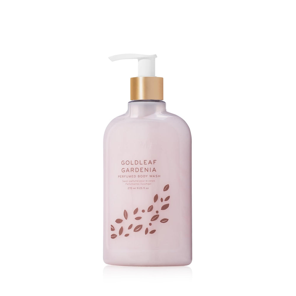 Thymes Moisturizing Body Wash in goldleaf gardenia pump bottle ready for hydrating cleanse