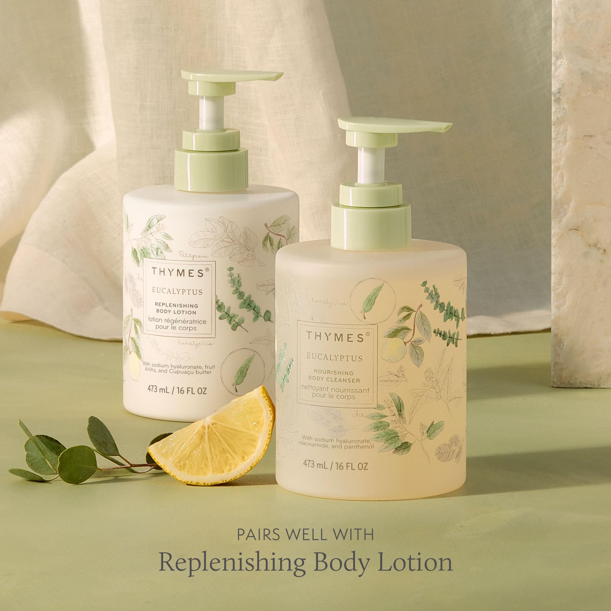 Thymes Nourishing Body Cleanser panthenol softens skin after cleansing.
