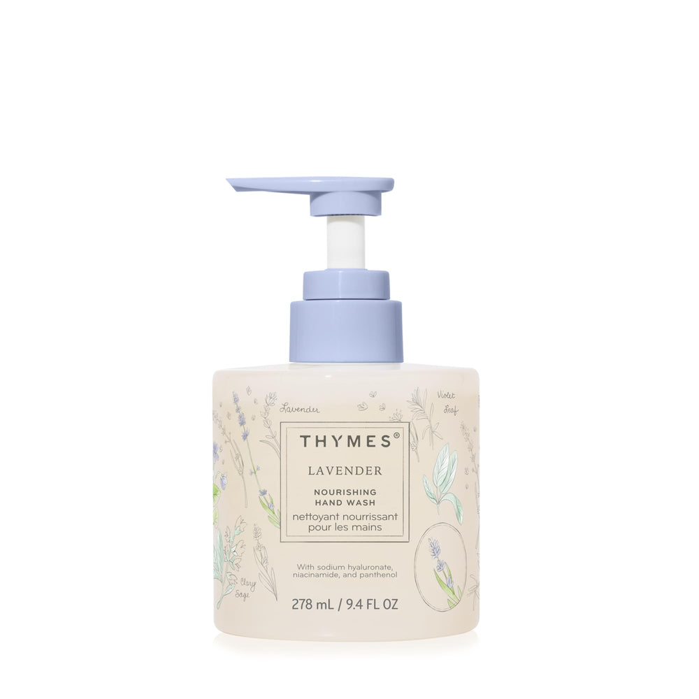 Thymes Nourishing Hand Wash bottle front in an elegant glass design for daily cleansing.