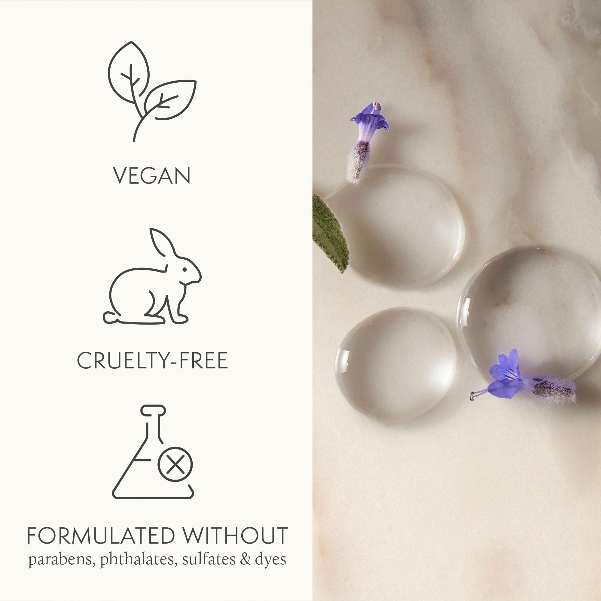 Lavender-rosewood-sage scent evokes daily calming routines.