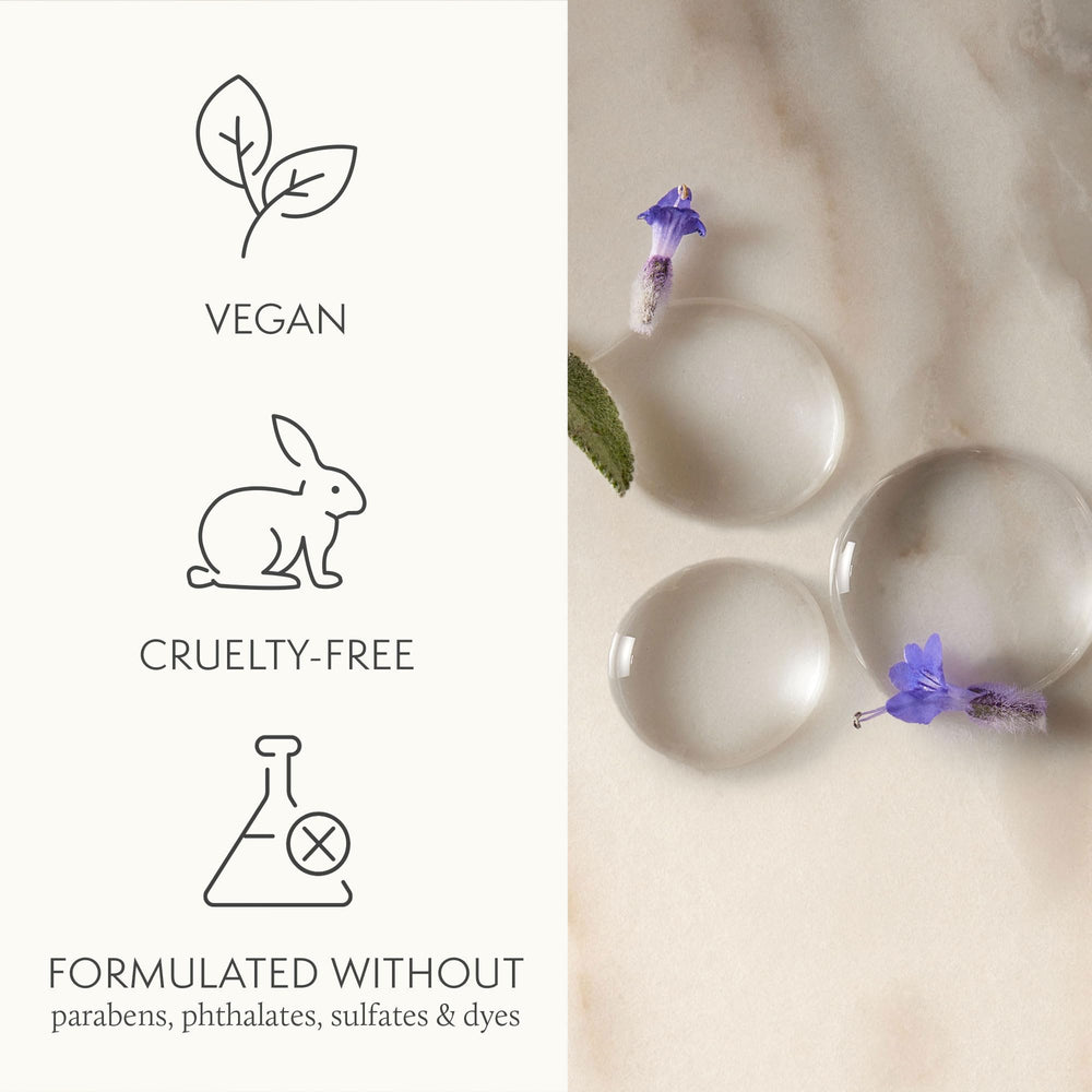 Lavender-rosewood-sage scent evokes daily calming routines.