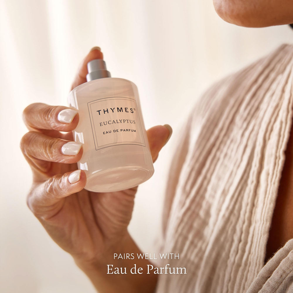 Thymes scent-notes visual shows eucalyptus, bergamot, lemongrass for refreshing aroma.