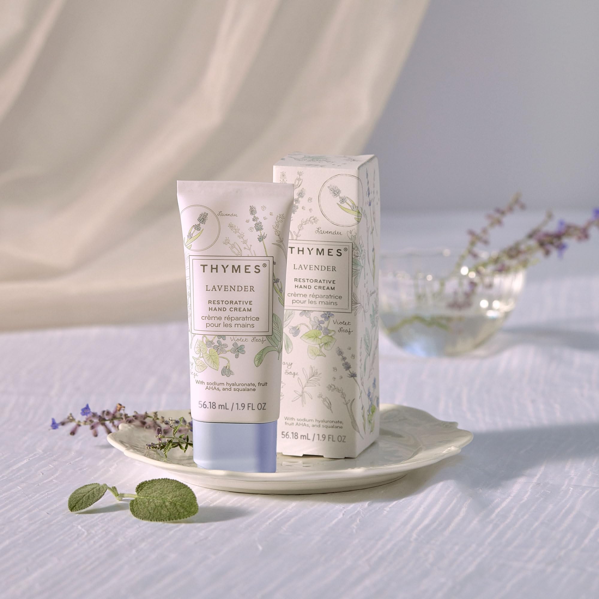 Close-up of Thymes lavender note highlighting calming fragrance on skin.