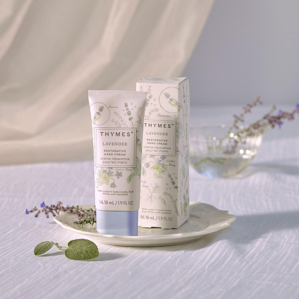 Close-up of Thymes lavender note highlighting calming fragrance on skin.