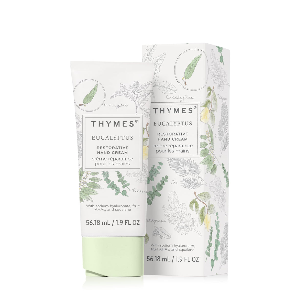 Thymes Restorative Hand Cream tube closeup showing compact, travel-ready packaging for on-the-go hydration.