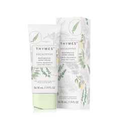 Thymes Restorative Hand Cream tube closeup showing compact, travel-ready packaging for on-the-go hydration.