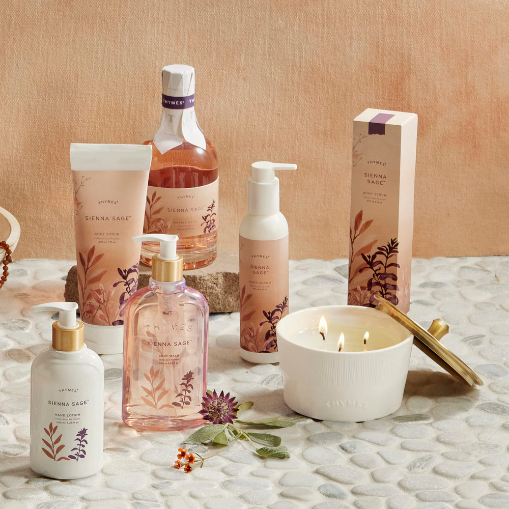 Fragrance notes of palo santo, amber, and clary sage from Thymes Sienna Sage.