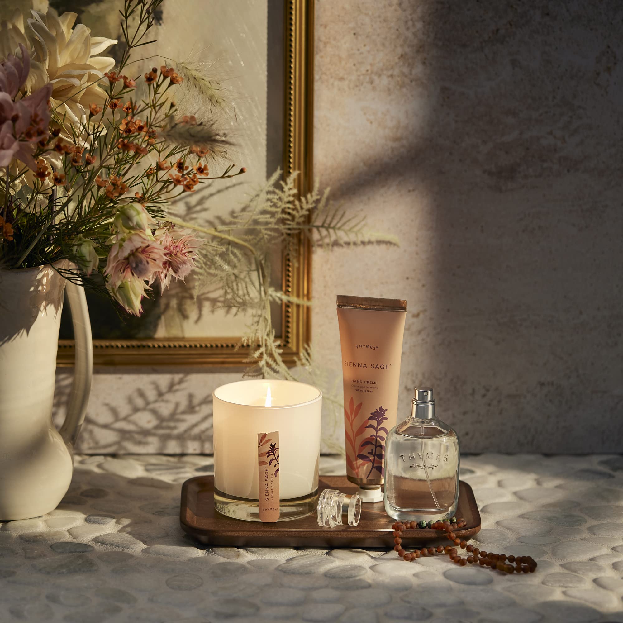 Thymes Sienna Sage green fig and benzoin blend evokes creamy warmth.