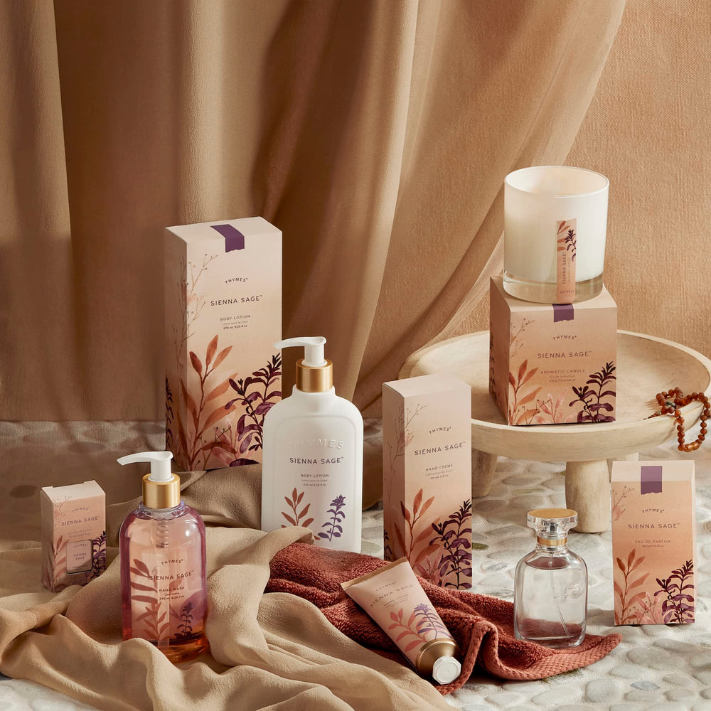 Thymes Sienna Sage packaging design suggests gift worthy presentation.