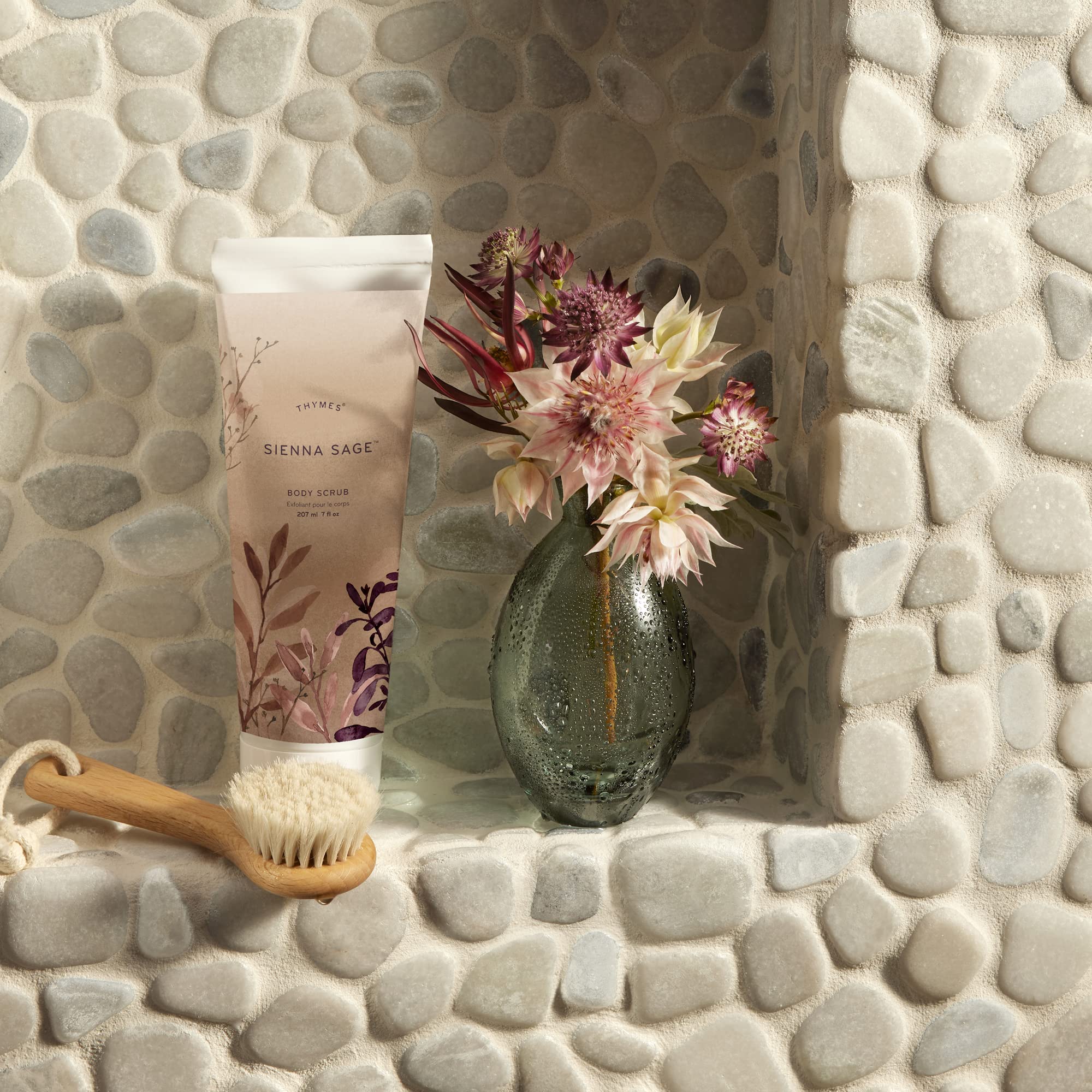 Shower routine with Thymes Sienna Sage body scrub during a bath.