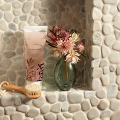 Shower routine with Thymes Sienna Sage body scrub during a bath.
