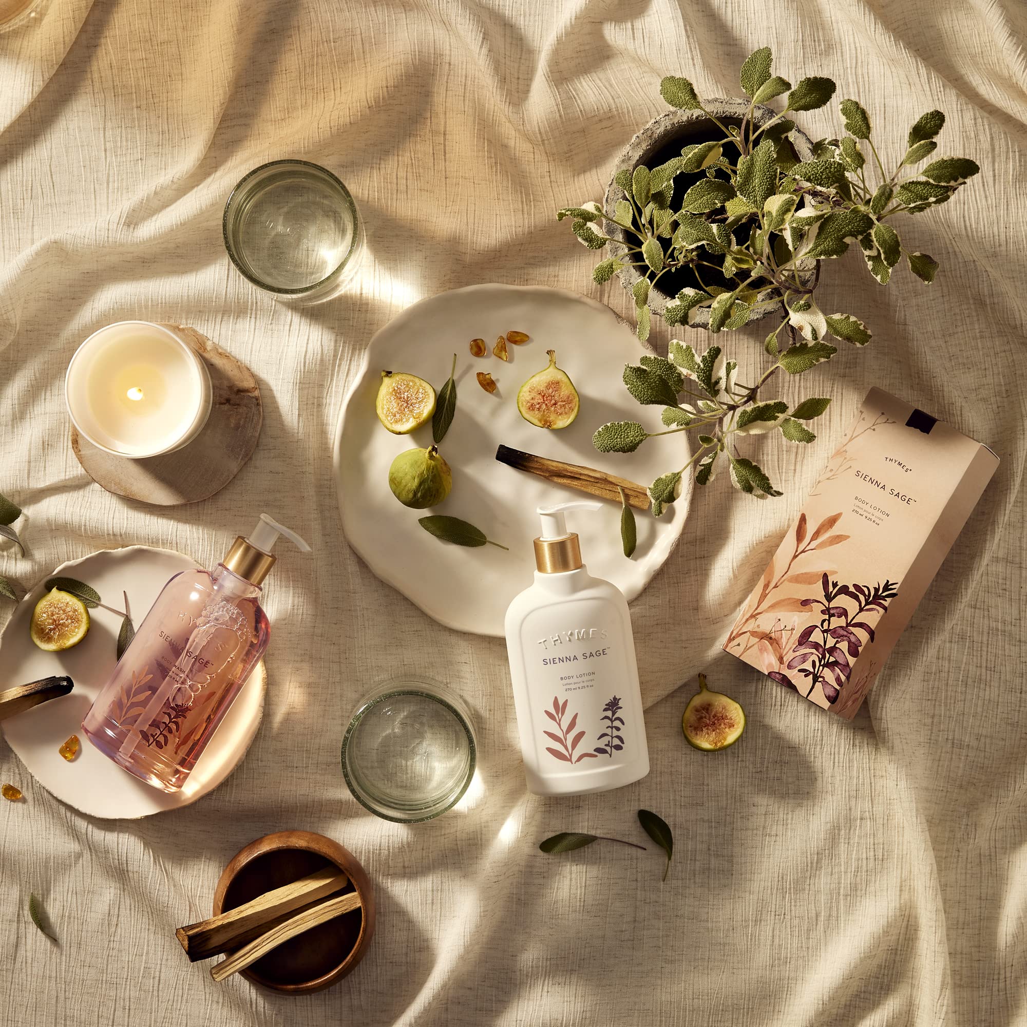 Thymes Sienna Sage shower scene suggests a luxurious daily ritual.