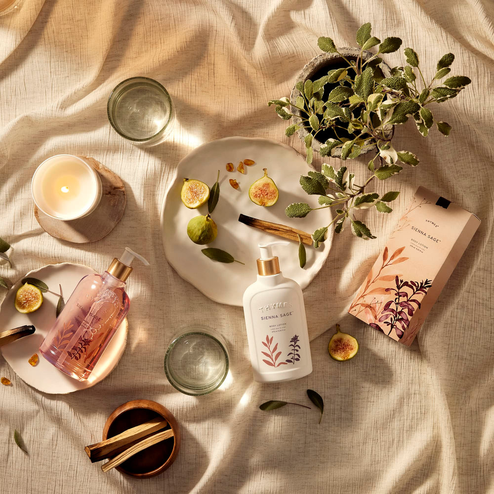 Thymes Sienna Sage shower scene suggests a luxurious daily ritual.