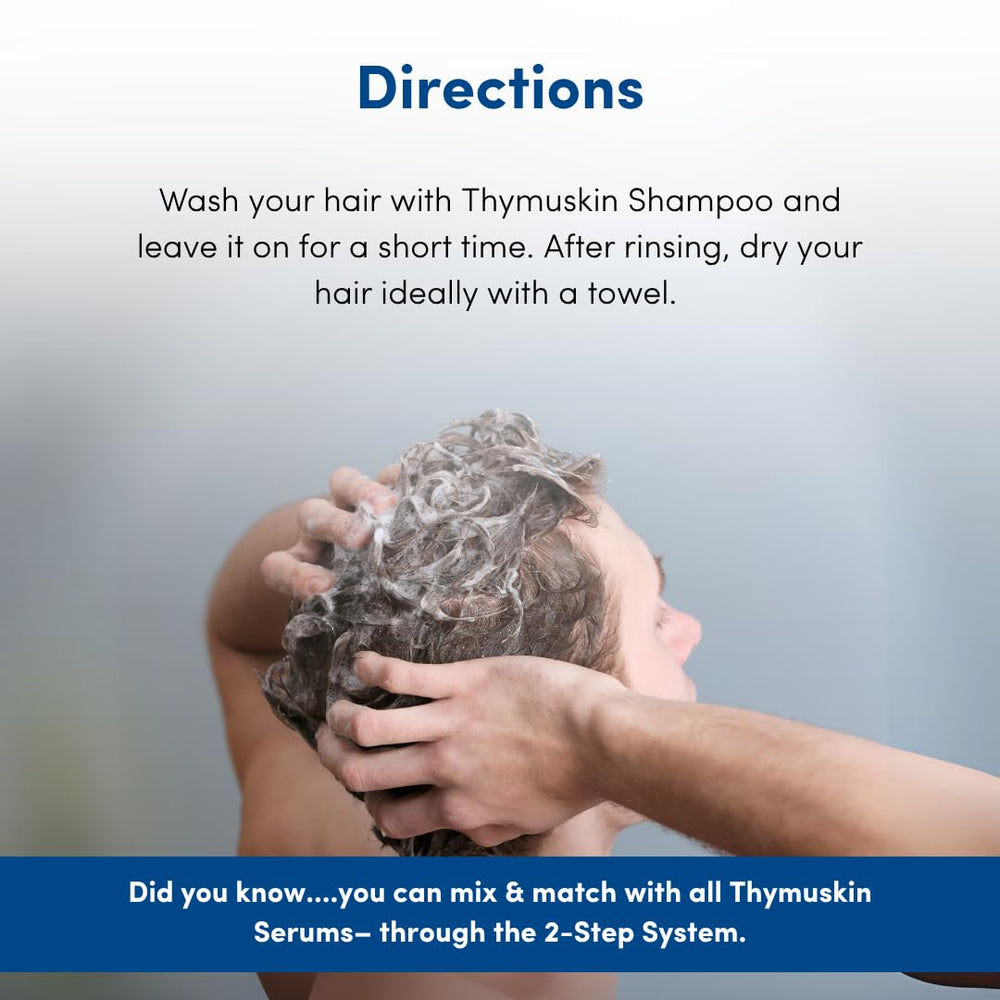 THYMUSKIN Classic Shampoo packaging emphasizes dermatologist-tested formula.
